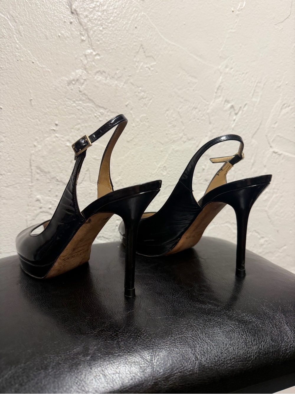 Jimmy Choo Black Patent Leather Peep-Toe Slingback Heels - Picture 9 of 15